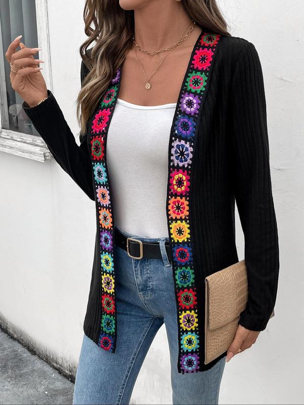 Women's Ethnic Pattern Embroidery Long Sleeve Sweater Cardigan, Elegant Open Front Ribbed Knitwear for Fall & Winter, Fashion Women's Knit Clothing for Daily Wear